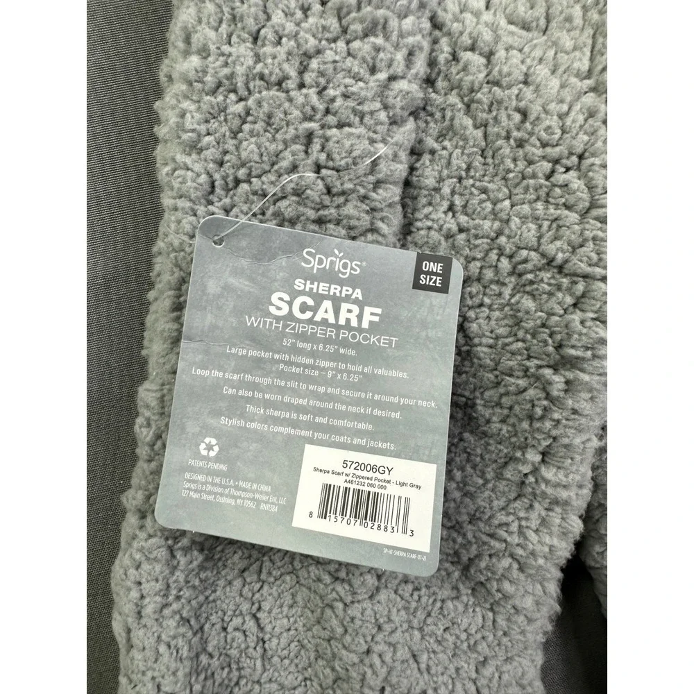 Sprigs Sherpa Scarf with Zipper‎ Pocket Light Gray 52x6.25 One Size 572006GY